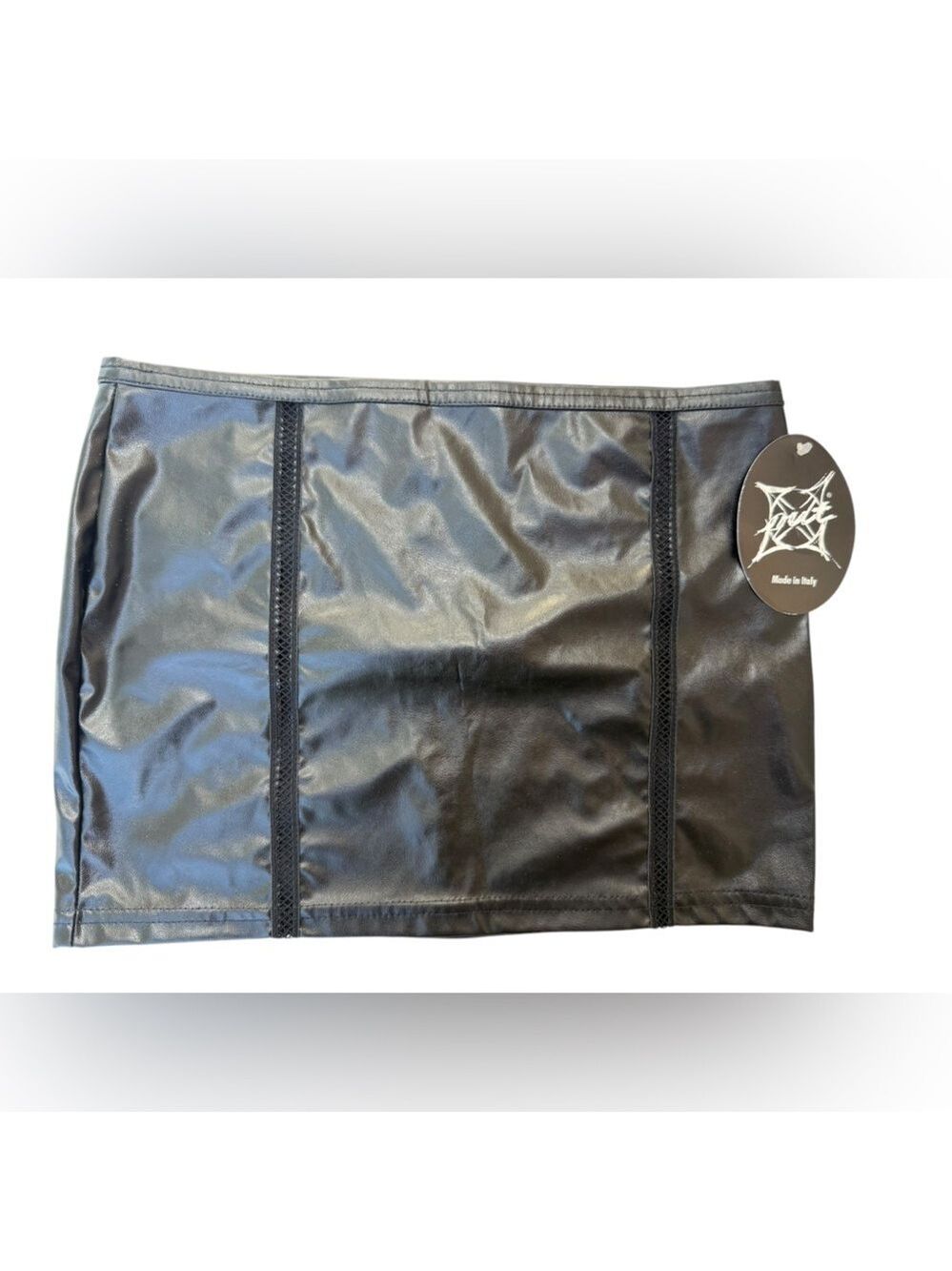 OutX Out X Faux Black Leather Peek A Boo Mini Skirt NWT SzSm Made in Italy
